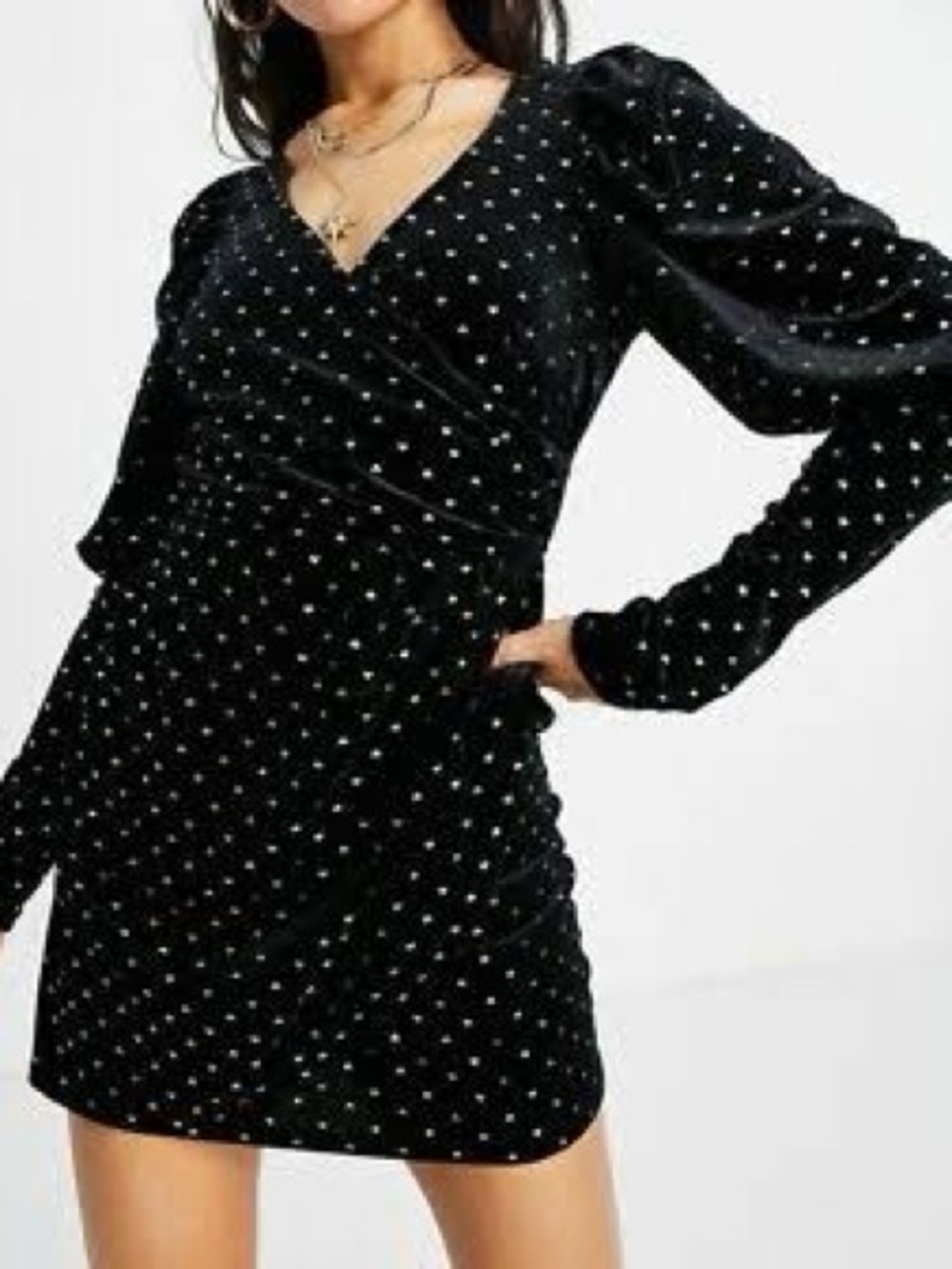 Saint Genies Velvet Long-Sleeve Mini Dress with Gold Heart Print